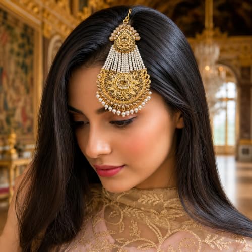 Image of Gold-Toned Pasa Jhumar with Pearl Strands and Crystal Embellishments