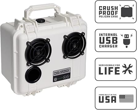 DemerBox: Waterproof, Portable, and Rugged Outdoor Bluetooth Speakers. Loud Sound, Deep Bass, 40+ hr Battery Life, Dry Box + USB Charging, Multi-Pairing Party Mode. Built to Last (Uyuni White, DB2)
