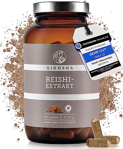 QIDOSHA® Reishi Extrakt Kapseln, TESTSIEGER 07/23*, 15:1 Premium-Extrakt, hochdosiert mit 500mg pro Kapsel, 180 Stk im Glas, Premium Reishi Pilz Ganoderma lucidum, vegan, laborgeprueft (Glas)