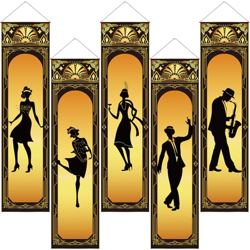 VitalCozy 5 Pcs Roaring 20s Party Decorations Black Gold 1920s Hanging Banner for Retro 20s Birthday Jazz Music Party Roaring Twenties Wall Signs Decorations Kit Speakeasy Front Door Decor