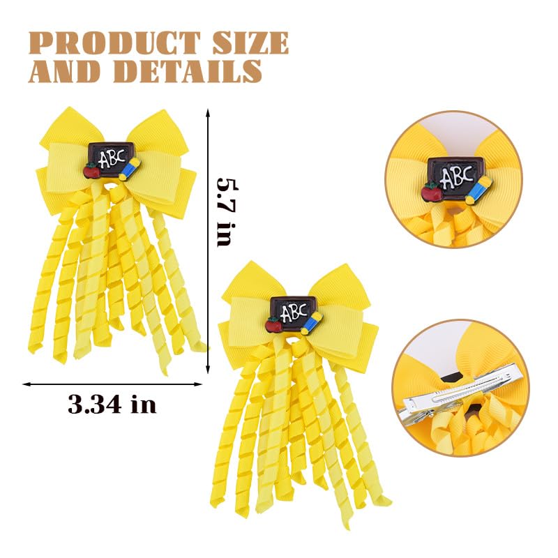 Back to School Hair Clips for Women Girl ABC Yellow Baby Girls Hair Accessories Curly Korker Bow Hair Clips Toddler First Day of School Gifts for Preschool Kindergarten Hair Bows Barrettes 2pcs image 4