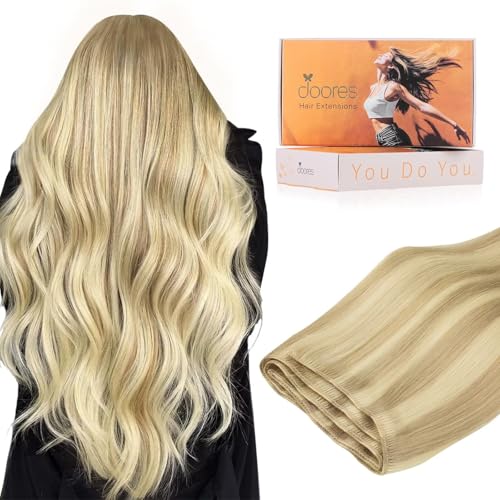 Image of DOORES Weft Extensions Sew in Hair Extensions Real Human Hair, Dirty Blonde Highlighted Golden Blonde 24 Inch 120g, Weft Extensions Long Straight Hair