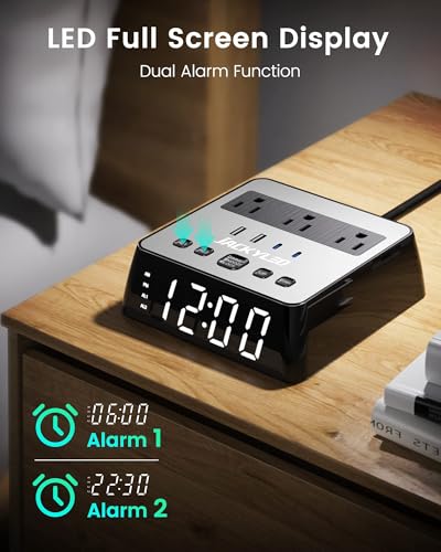 Image of Alarm Clock with USB Charger JACKYLED Power Strip Total 4.8A USB Ports LED Full Screen Surge Protector 6.5ft Cord 4 Dimmer for Heavy Sleepers Compatible with Phone Tablet Computer Black Silver