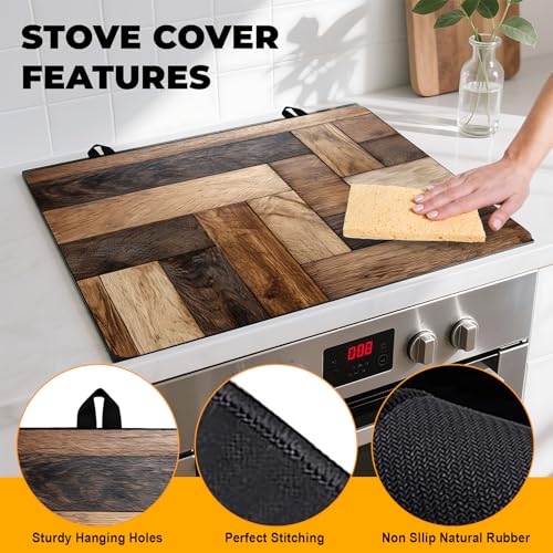 Image of Stove Top Cover Flower Gas Stove Top Cover for Home Decoration Kitchen Pad Non-Stick Washable Cooktop Covers Countertop Protector Keep Stove Clean (Wood grain, 30L inchx21W inch)
