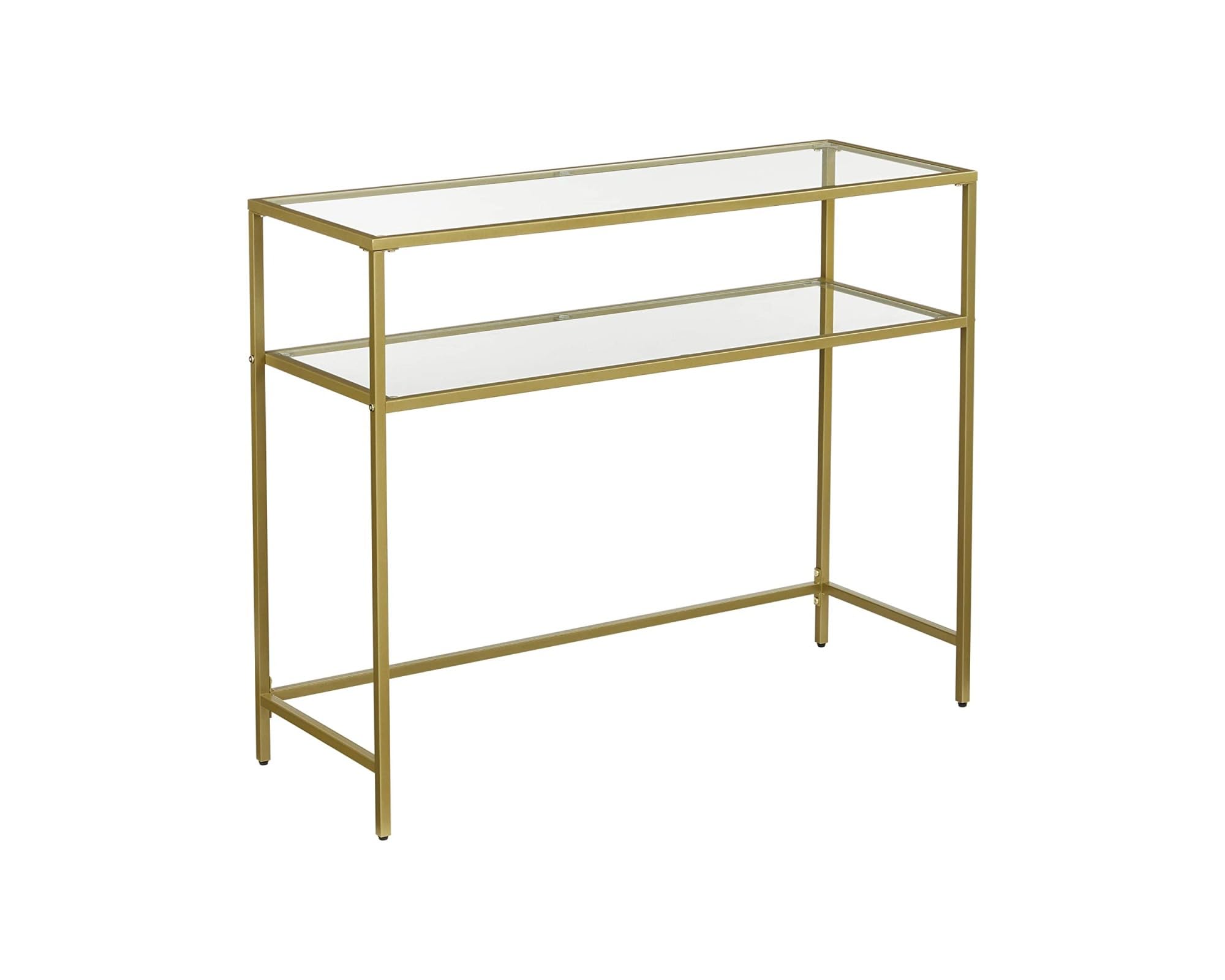 VBChome Table console 100 x 35 x 80 cm, 2 compartiments, doré, cadre en métal, verre trempé, salon, chambre à coucher, table d'appoint, pieds réglables, étagère de rangement 100 x 35 x 80 cm, 2