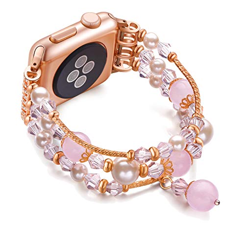 JuQBanke Compatible for Apple Watch Band 38mm 40mm, Jewelry Fashion Stretch Crystal Pearl Bracelet Replacement Womens Strap, Compatible for iWatch Series 5/4/3/2/1(Rose Gold, S/M)
