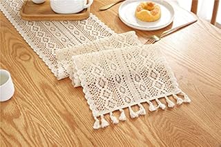 JSJSYO Beige Macrame Table Runner Cotton Crochet Lace Hollow Mesh Table Cloth Rectangular Boho Table Runner with Tassels for Rustic Wedding Valentine's Day Baby Shower Vintage Tabletop Décor 24x180cm