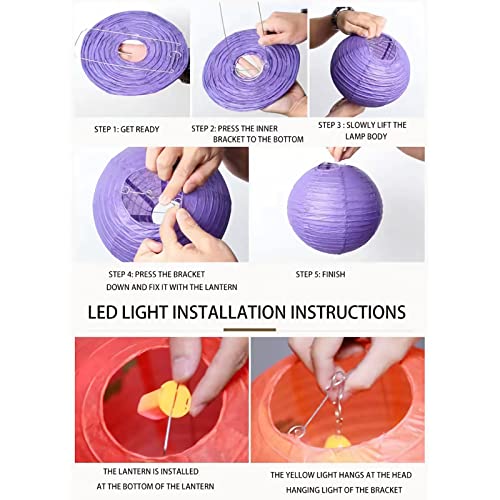 Qlisytpps Paper Lanterns with LED Lights 10 Colours Chinese Japanese Lantern Oriental Style Traditional Asian Bedroom Paper Lamp for Home Wedding Party Decoration 8 Inch (5pcs) Free 2 Spare Lights