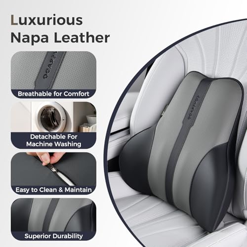 Image of Coverado Lumbar Support Pillow for Car, Ergonomic Memory Foam Back Pillow for Office Chair, Back Cushion for Back Pain Relief, PU Leather Car Lumbar Support for Driving Seat - Black&Gray