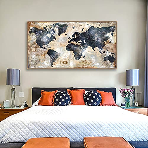 Framed Wall Art World Map Wall Art Print Picture Wall Art Decor Home Interior - Map Picture For Office Wall Decor Travel Memory Nautical Map Decor Canvas Artwork 20X40Inch Ready To Hang （Framed） #TOP1