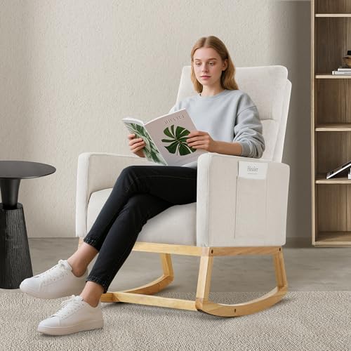 Miniatura 7 de Aunekiv Mecedora Para Lactancia, Respaldo Alto, De Lino, Para Adultos, Con Bolsillos Laterales Y Base De Madera Para Sala De Estar, Dormitorio, Color Marfil