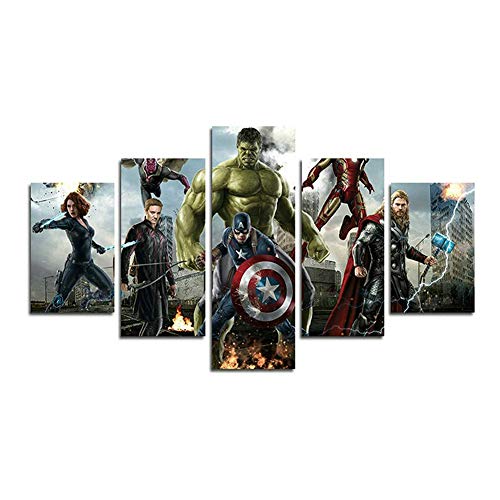 Orsit Prints 5 Pieces Miracle Avenger Era Superhero Captain America Iron Man Hul Canvas Painting Living Room Home Decoration Canvas Art Wall Poster (No Frame) 50inch x30 inch…