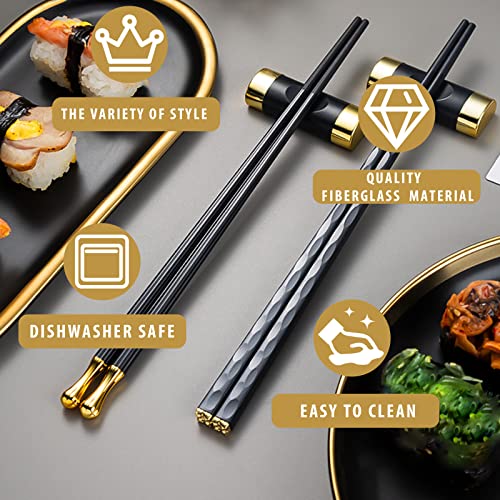 Chopsticks Reusable Dishwasher Safe, 9.6 Inch/24.3Cm Matte Non-Slip Japanese Chinese Chop Sticks, Fiberglass, Black&Gold-5 Pairs #TOP1
