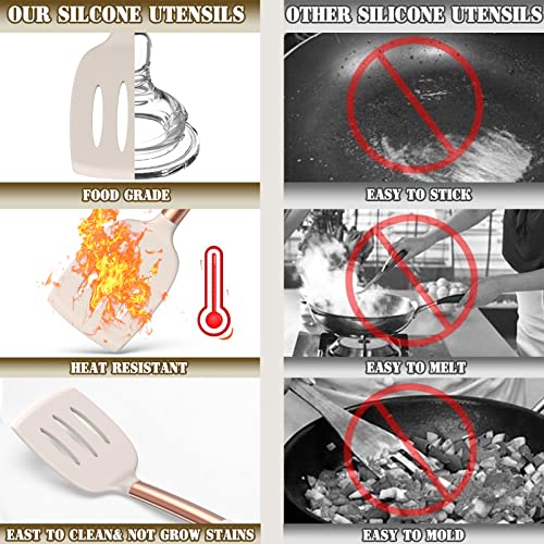 Umite Chef Silicone Kitchen Cooking Utensil Set, 43 Pcs Spatula Utensils Set With Rose Gold Stainless Steel Handle, Non-Stick Heat Resistant - Best Cookware Set-(Khaki) #TOP5