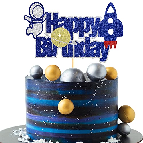 Sumerk Raum Thema alles Gute zum Geburtstag Kuchen Toppers Rakete Astronaut Geburtstag Party Kuchen Dekorationen Zubehör für Baby-Dusche Kinder - Packung mit 1 Cover