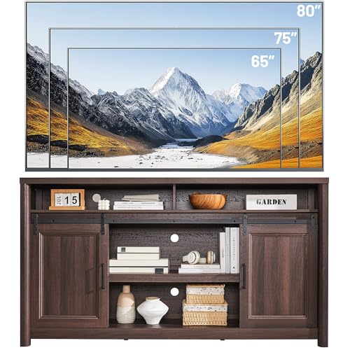 Image of Farmhouse TV Stand for Living Room, Entertainment Center with Storage, Walnut TV Console for Bedroom, Media Storage Cabinet with Sliding Barn Doors & Adjustable Shelves, Fits 80 Inch TV, Rustic Wood