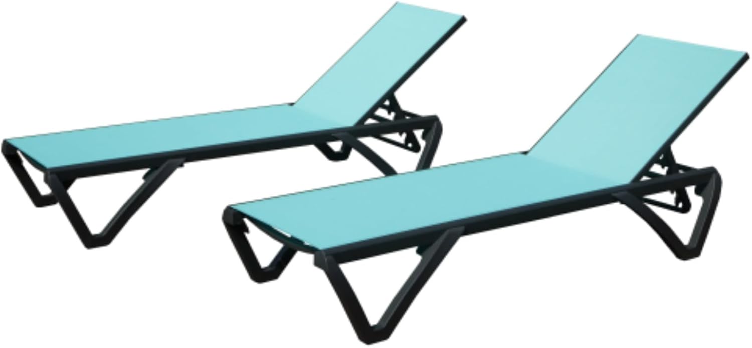 Set of 2 Aluminum Adjustable Pool Lounge Chair, Outdoor Lounge Chair, Beach Chair, Sun Lounge Chair, 5-Position Adjustable Backrest and Wheels, Lake Blue