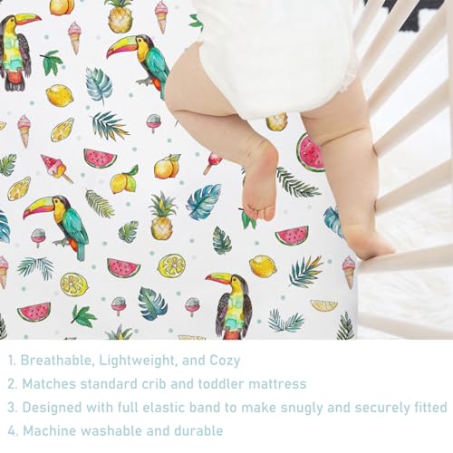 Image of Watercolor Summer Toucan Baby Crib Sheets 52''x28'' Lemon Pineapple Watermelon Tropical Leaves Snug Fitted Crib Mattress Sheet for Boy Girl Soft Nursery Bed Sheets for Standard Crib Toddler Mattress