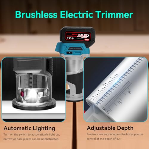 Yofuly Akku Oberfräse mit 2PCS 3.0Ah Batterien, 21V Akku Kompaktfräse Kantenfräse für die Holzbearbeitung, Bürstenloser Einhandfräse Holz Fräse mit 15-teiligem 1/4-Fräsersatz, Tragekoffer