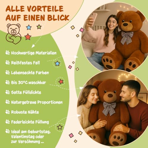Monzana® Teddybär L - XXXL 50-175cm Weiches Fell Schleife Tatzendruck Geschenk Plüschtier Kuscheltier Stofftier Riesen Teddy Bär