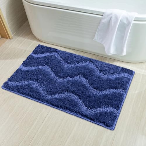 Image of Luxe Home Bath Mat Super Soft Microfiber Non Slip Scotland Waves Bathroom mats Water soak Washable Doormat for Home, Bedroom, Living Room (38x58 cm, Navy) Pack of 1