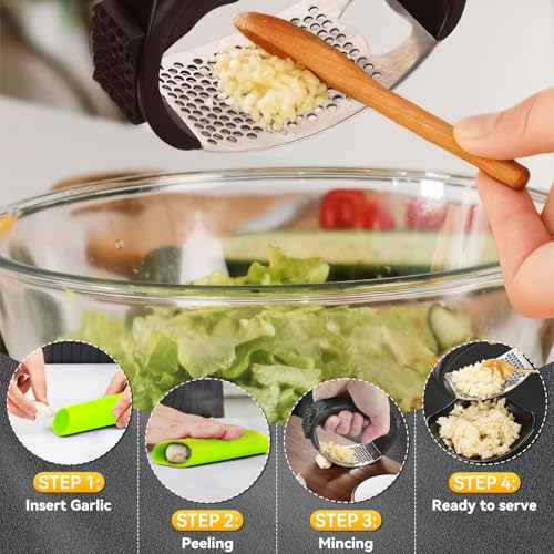 Knoblauchpresse Wippe,Knoblauchpresse Edelstahl Multifunktional Garlic Press mit Silikonschäler und Reinigungsbürste Knoblauchwippe Spülmaschinenfest, Perfekt für Knoblauch, Ingwer und Mehr