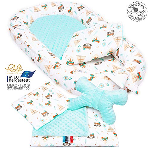 5 piezas PALULLI Set de equipamiento para bebé: nido para bebé de 95 x 55 cm, colchón para bebés, manta para acurrucarse, cojín para el cuello, OEKO TEX