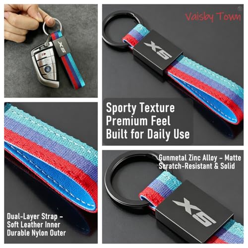 Image of Automotive Keychain compatible with BMW X5 Key Fob | Zinc Alloy Circle & D-Ring,Tricolour Nylon Strap with inchX5 inch Engraved Buckle Clip,Sporty Luxury style