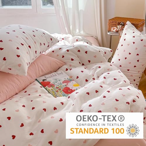Image of Heart Duvet Cover Set Full Size Red Pink Heart Printed Bedding Set with 2 Pillowcases 3Pcs Kids Cute Kawaii Heart-Shaped Pattern Reversible Soft Microfiber Comforter Cover for Girls Women