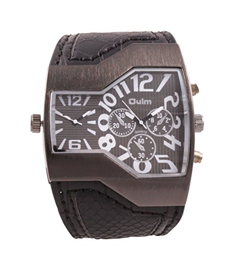 Montre dual temps homme au grand cadran noir et bracelet en cuir, l'élégance signée OM-167