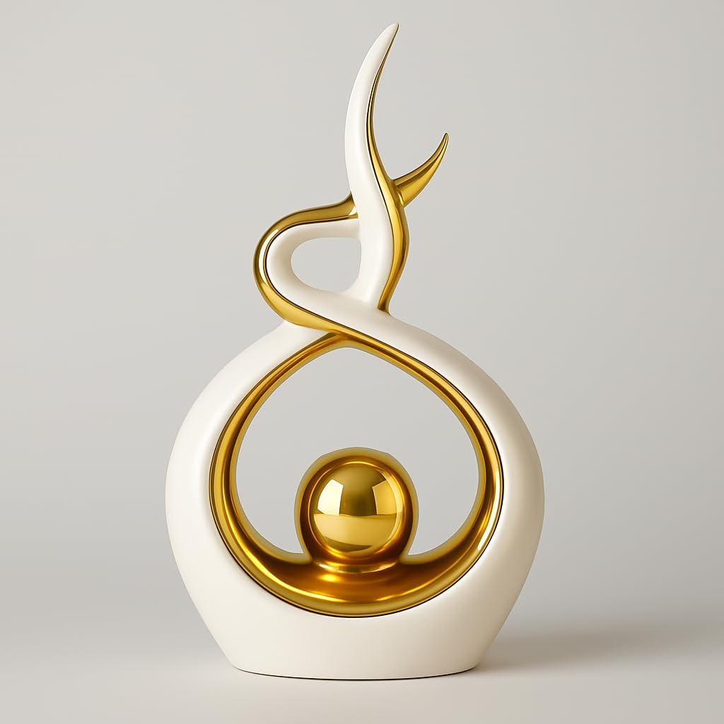 White & Gold Abstract Ceramic Ornament – Modern Decorative Sculpture for Living Room, Shelf & Coffee Table Décor – Minimalist Home Accent, Table Centerpiece Gift for Home Lovers