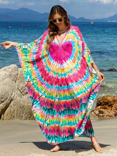 Image of IMAGEKOPE Women's Plus Size Animal Print V-Neck Batwing Kaftan Beach Dress Bathing Suit Cover-Up Loungewear