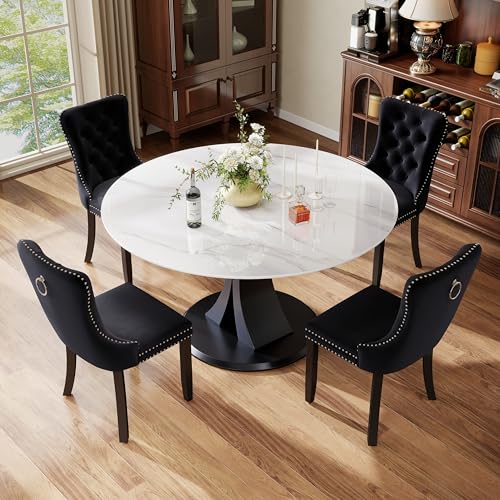Image of 5-Piece Dining Table Set with 47In Faux Marble Table and 4 Velvet Upholstered Chairs, Modern Scandinavian Furniture for Dining Room Kitchen(Black)