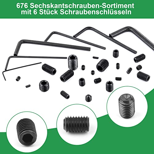 Foliv 676 Stück Madenschrauben Sortiment Set M2 M3 M4 M5 M6 M8 Madenschrauben/Innensechskant Gewindestifte DIN 913,Sechskantkopf Schrauben mit Schraubenschlüssel für Türgriff, Türklinke, Halterung