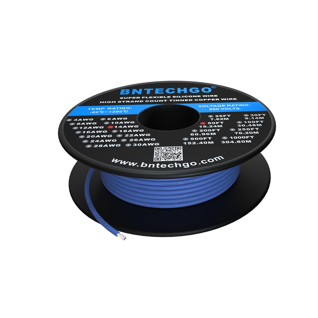 BNTECHGO Bobine de fil de cuivre étamé flexible en silicone de calibre 14, 15,2 m, bleu, 14 AWG