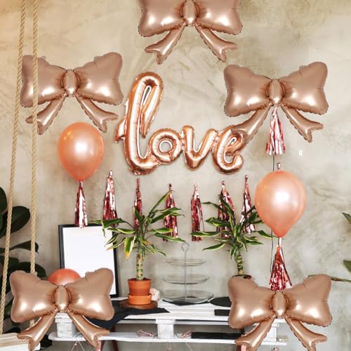 Image of 6 Pieces Bow Balloons, Rose Gold Matte Metallic Foil Bow Balloon for Women Girls Bowtie Theme Birthday Party, Baby Shower, Wedding, Bridal Shower, Balloon Garland Accessories
