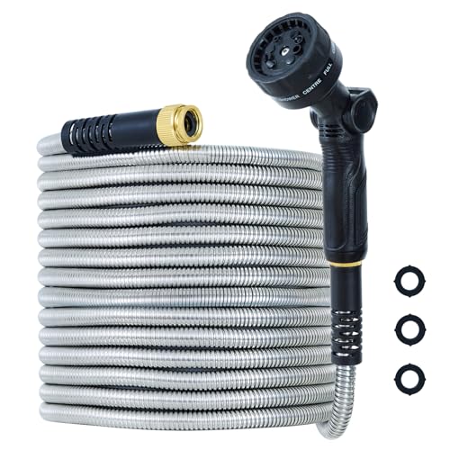 FLOWCASA Garden Hose 25ft Stainless Steel Water Hose 304 Grade Flexible & Never Kink with Ergonomic XXL Spray Gun (24cm) 10 Patterns Metal Fittings Heavy Duty