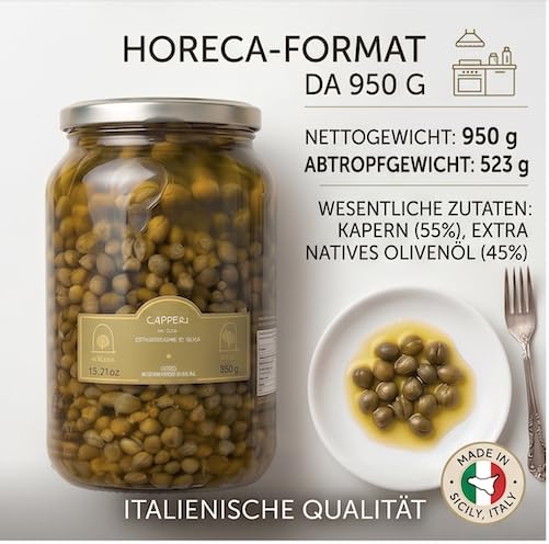 Kapern aus Pantelleria in nativem Olivenöl extra 950 g, Abtropfgewicht 523 g – Sizilianische Gourmet-Konserve – Ideal für Fisch, Salate, Saucen, Vorspeisen und mediterrane Küche – 4 Stück