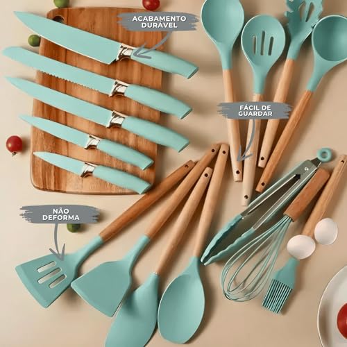 Kit Utensílios de Cozinha 19 Peças Conjunto Completo em Silicone com Cabo de Madeira Antiaderente co