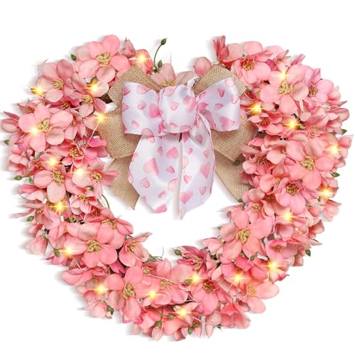 16 Inch Valentine's Day Wreath Heart Shaped Wreath Pink Love Heart Forsythia Flowers with Double-Layer Bow and Lights Valentine Day Wreaths for Door Wedding Party Home Romantic Decor