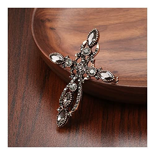 Broche croix baroque en cristal gris, bijou d'exception style ancien - 5