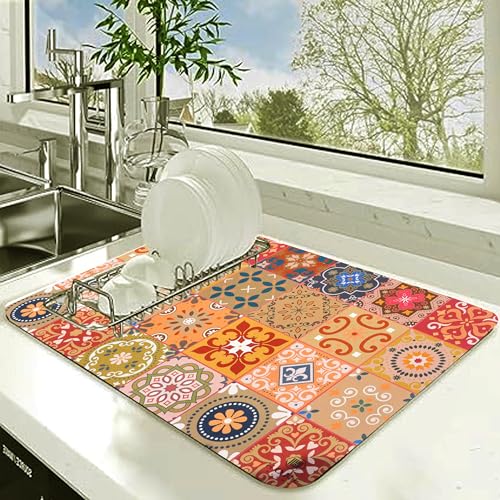 Image of HomeCloud Super Absorbent Dish Drying Mat for Kitchen Counter - Non-Slip, Heat-Resistant Rack Pad - Hides Stains, Ideal 4 Dishes, Coffee Maker, and Kitchen Appliances (Morrocan Rust, 50x40 cm)
