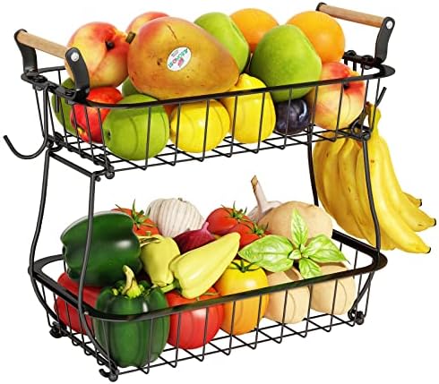 2 Tier Fruit Basket with 2 Banana Hangers, Countertop Fruit Vegetable Basket Bowl for Kitchen Counter Metal Wire Storage Basket Fruits Stand Holder Organizer for Bread Snack Veggies Produce, Black