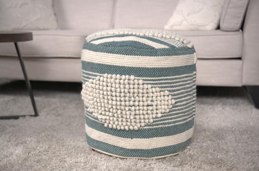 TREATLIFE HOME Diamond Handcrafted Fabric Cylindrical Pouf for Comfort, Cozy Seating and Stylish Decor, White and Teal, 16x16 Inches