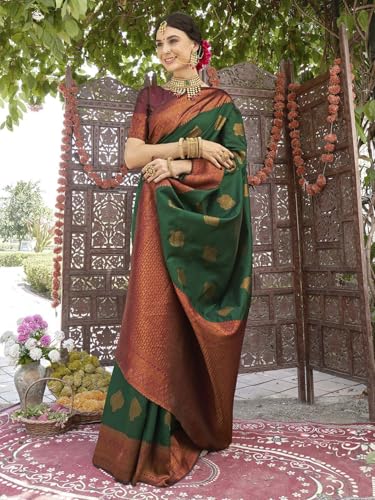 Image of Women's Soft Art Silk Kanjivaram Saree and Unstitched Blouse Piece with Floral Rich Pallu and Jacquard Jari Work On All Over | South Indian Saree