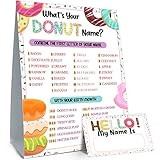 What is Your Donut Name Game, Donut Birthday Party Sign for Girls, Wedding, Anniversary, Holiday Activity, Kids Donut Activity Cards(1 Donut Theme Sign and 30 Name Tag Stickers)