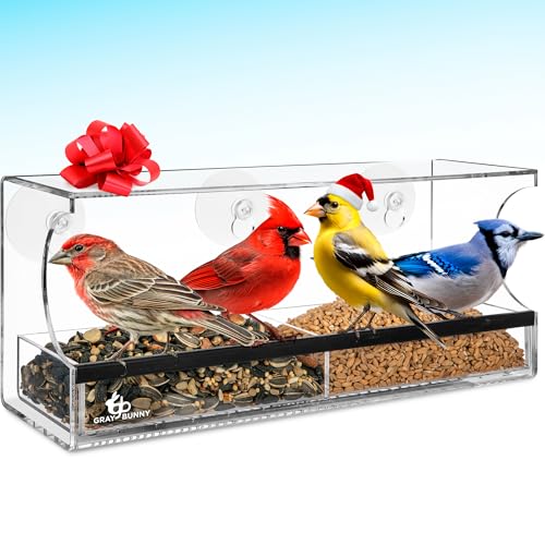 Clear Window Bird Feeder - Premium Bird Feeder for Outdoors with Strong Suction Cups, Removable Tray, Drain Holes and Large Seed Capacity