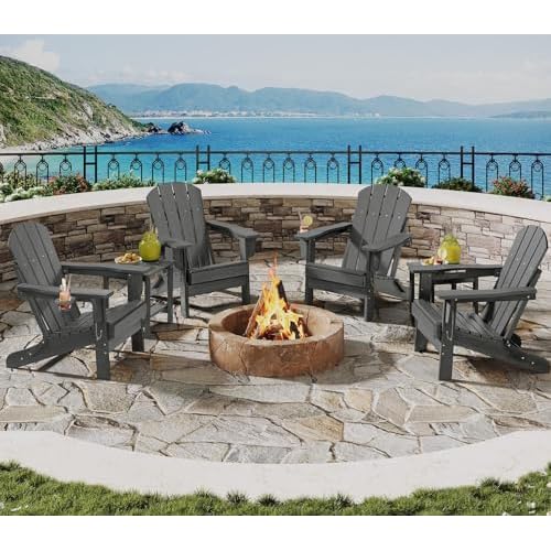 Folding Adirondack Chair Set of 4 with 2 Side Table, All-Weather HDPE Outdoor Chair, Wooden Textured with Cup Holder for patios, Decks, Gardens, fire