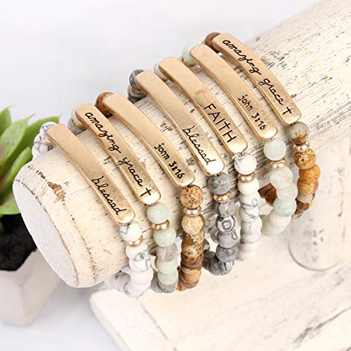 Riah Fashion 83395JT-G Cross Metallic Bar Beaded Stretch Bracelet - Religious Christian Strand Natural Stone thumb #2