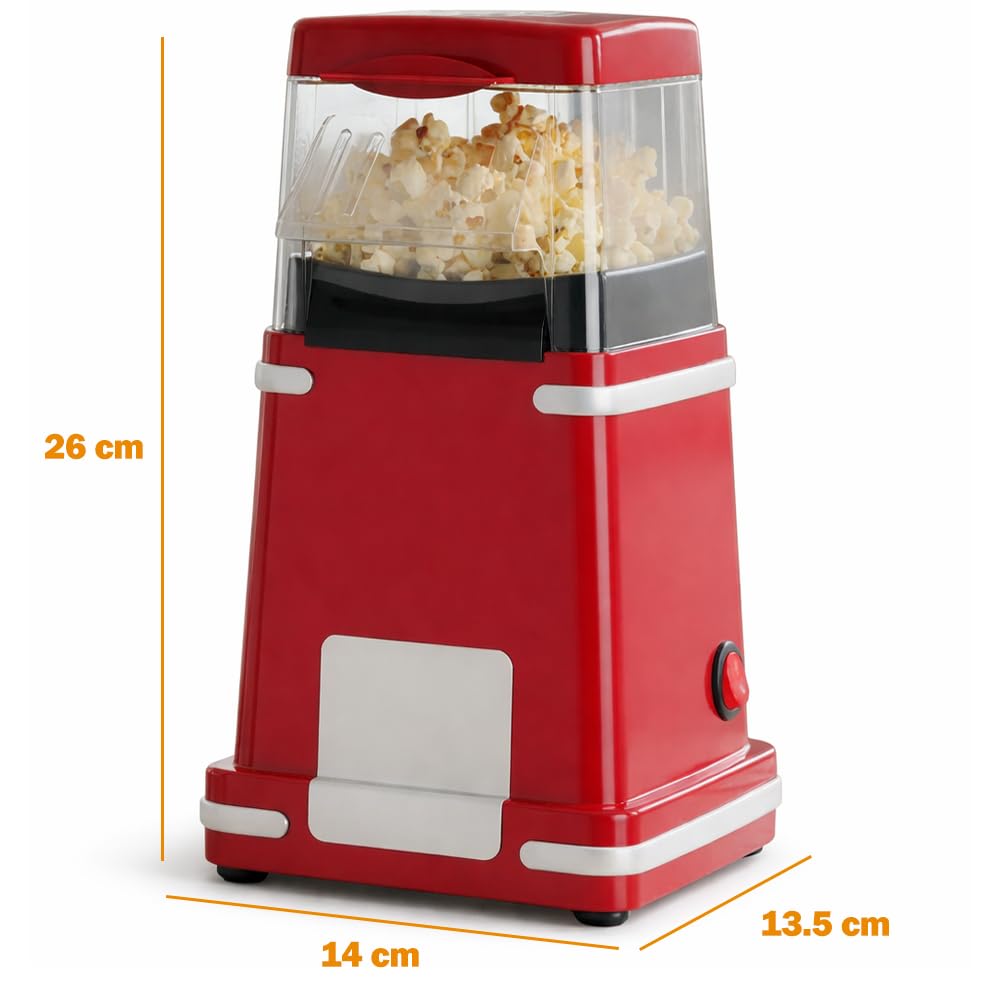 BAKAJI Macchina per Popcorn ad Aria Calda 1200W Potenza con Dosatore Cucchiaino Incluso, Popcorn Machine Design Retrò Facile da Usare One Touch Pronti in 3 Minuti, Perfetta per Feste e Serate Cinema